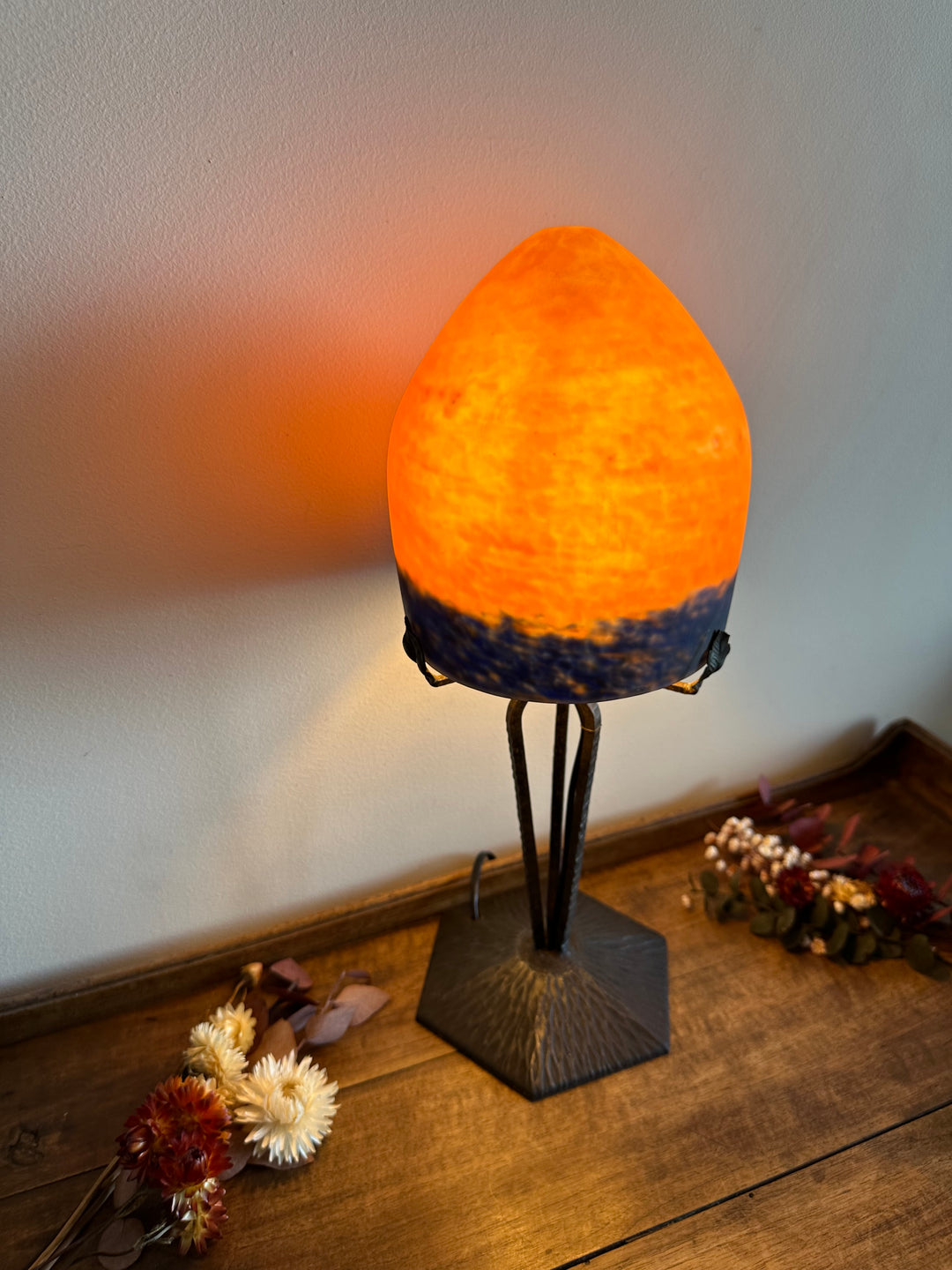 Lampe champignon en verre fumé orangé années 50