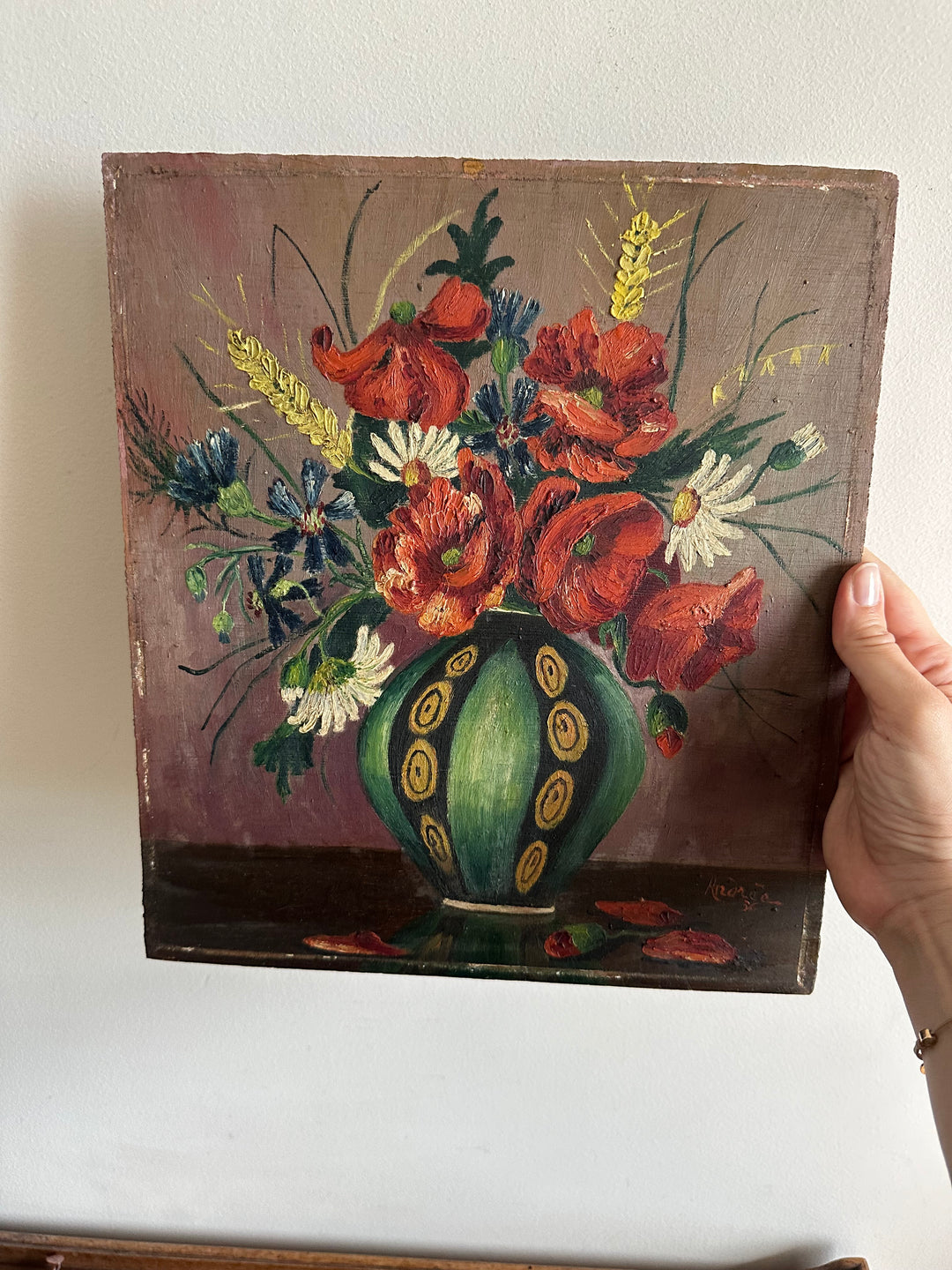 Peinture bouquet de fleurs sur bois signée année 1936