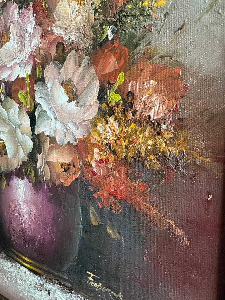 Peinture encadrée signée Frederick bouquet de fleurs mauves et roses