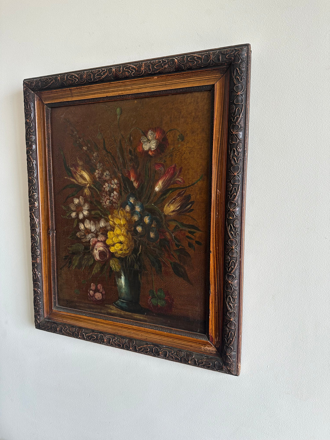 Peinture sur toile bouquet de fleurs encadrée signée années 1900 taille XL