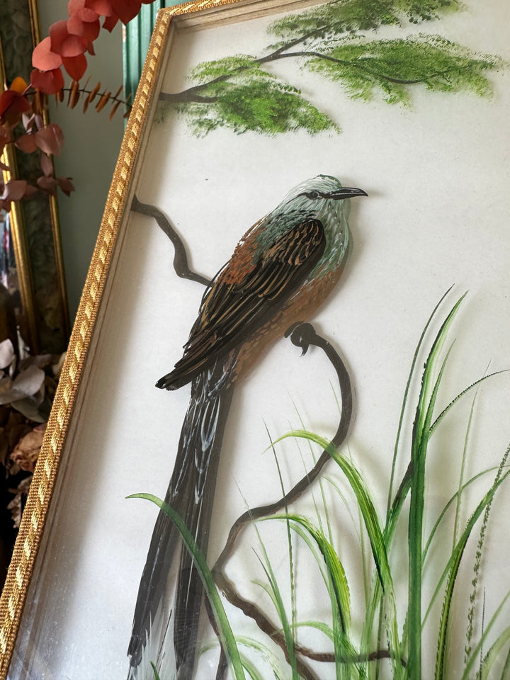 Peinture sur planche de verre oiseaux sur leurs branches