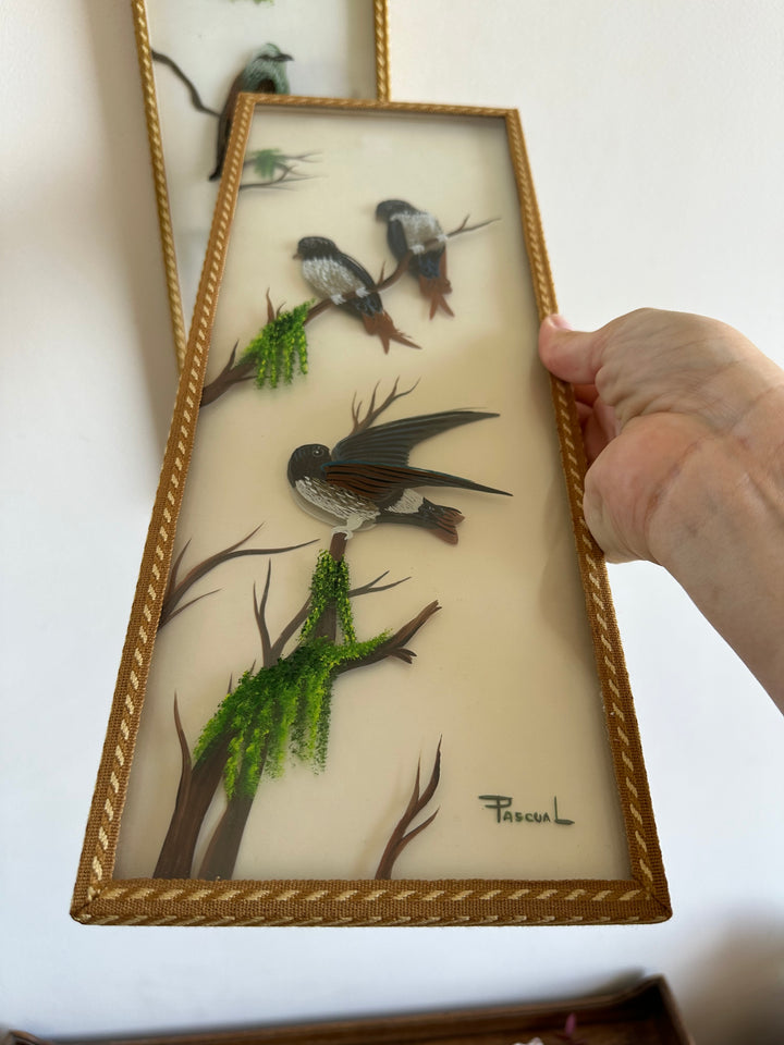 Peinture sur planche de verre oiseaux sur leurs branches