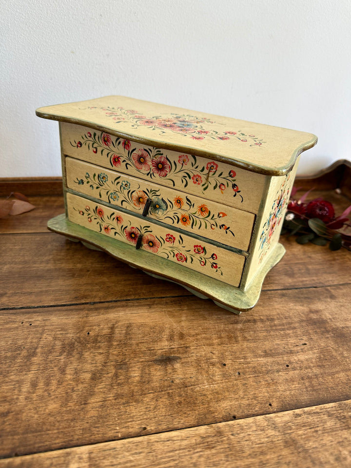 Coffret avec miroir en bois deux tiroirs motifs fleurs