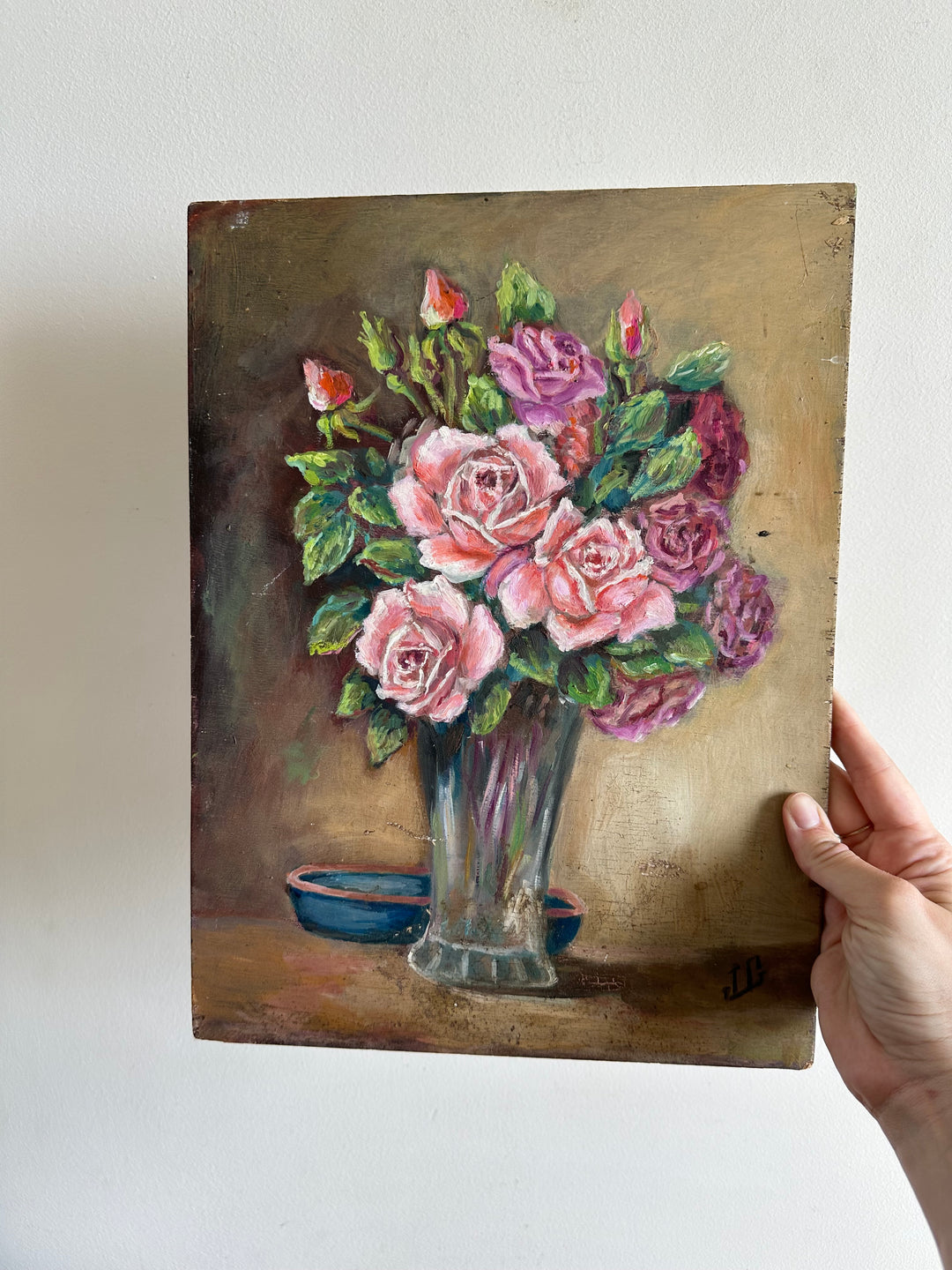 Peinture bouquet de fleurs roses et violettes années 40