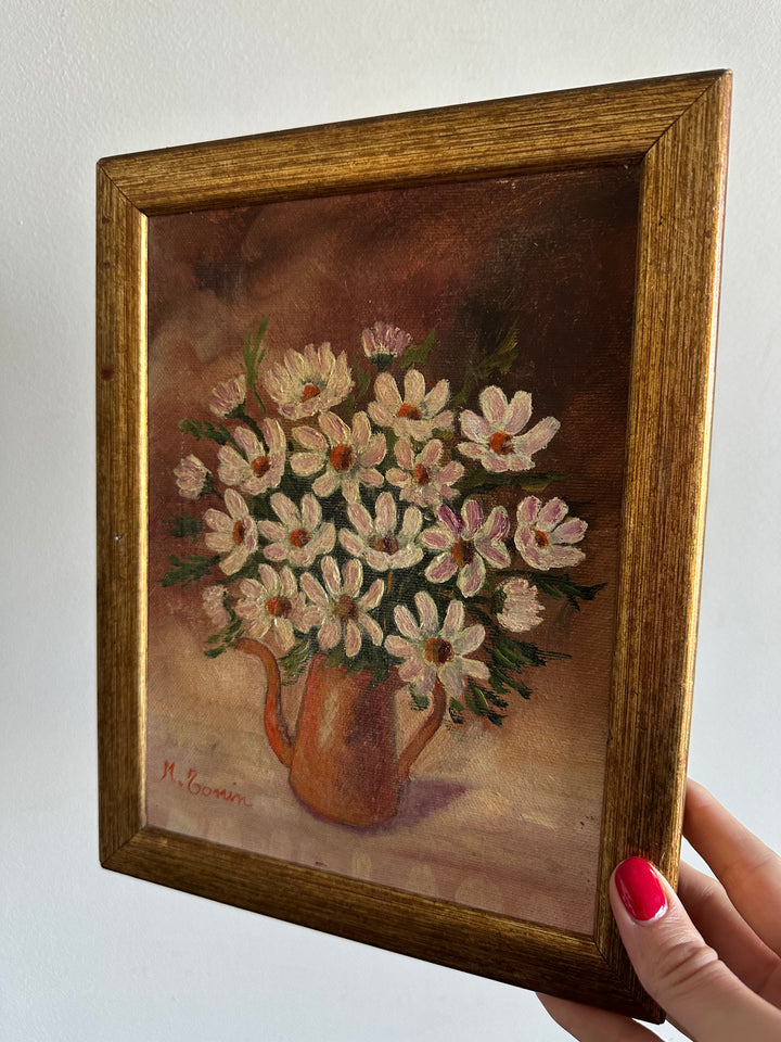 Peinture sur toile bouquet de marguerites signée 1983