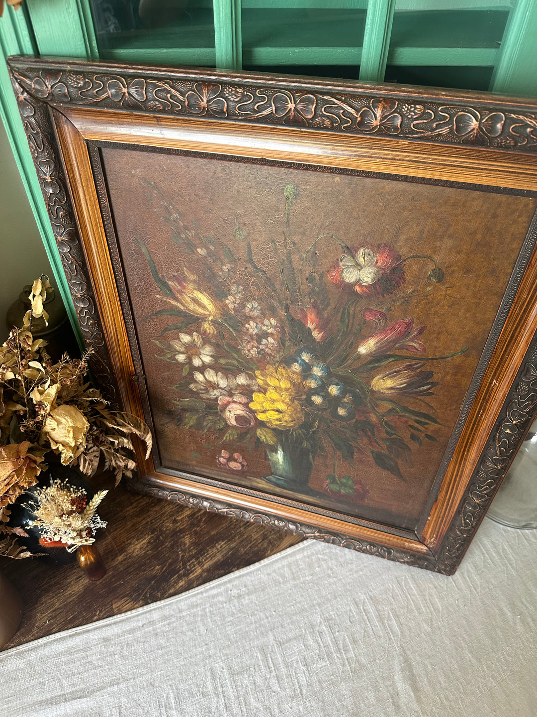 Peinture sur toile bouquet de fleurs encadrée signée années 1900 taille XL