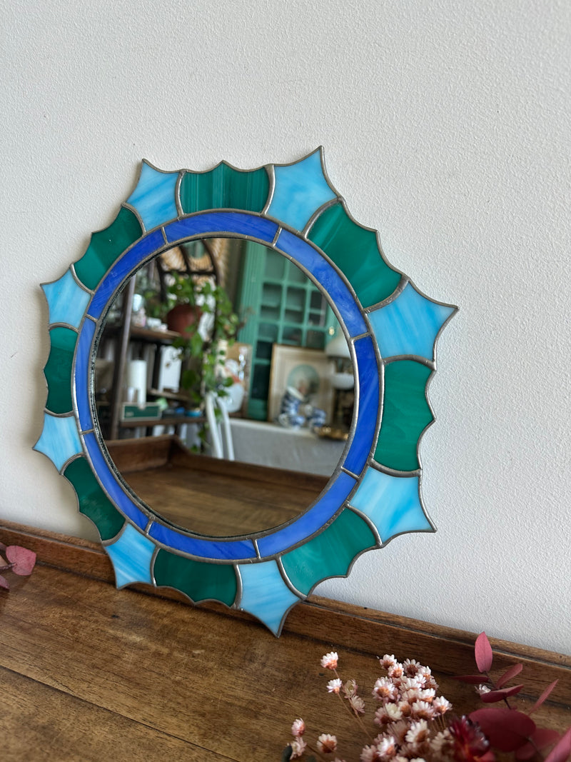 Miroir vitraux soudés bleus et verts