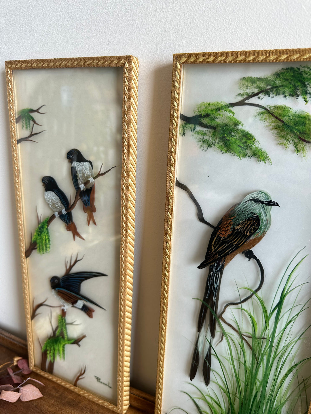 Peinture sur planche de verre oiseaux sur leurs branches