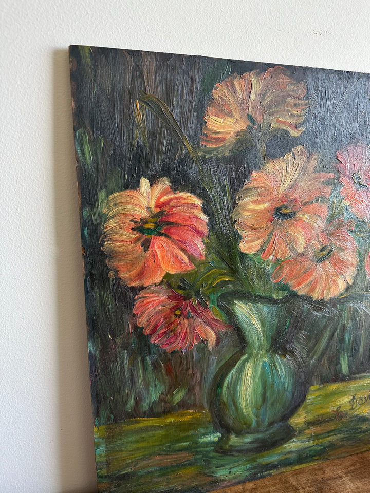 Peinture XL fleurs orangées dans vase vert signée 1922