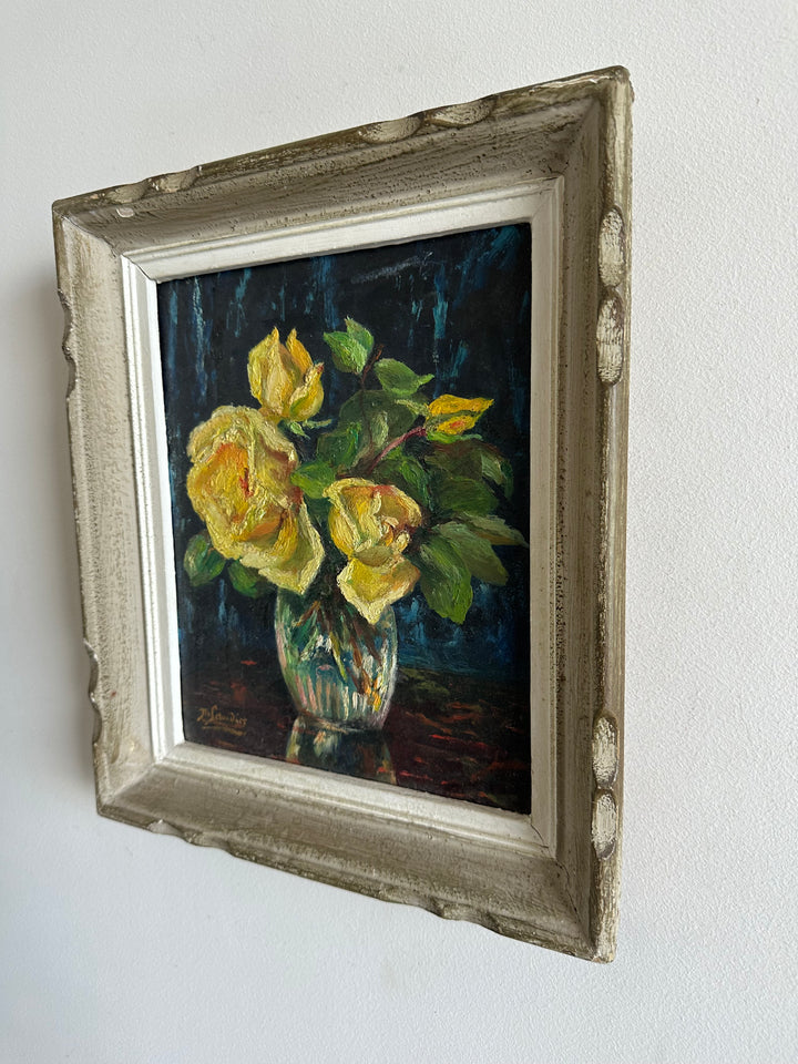 Peinture fleurs jaunes fond bleu nuit années 71