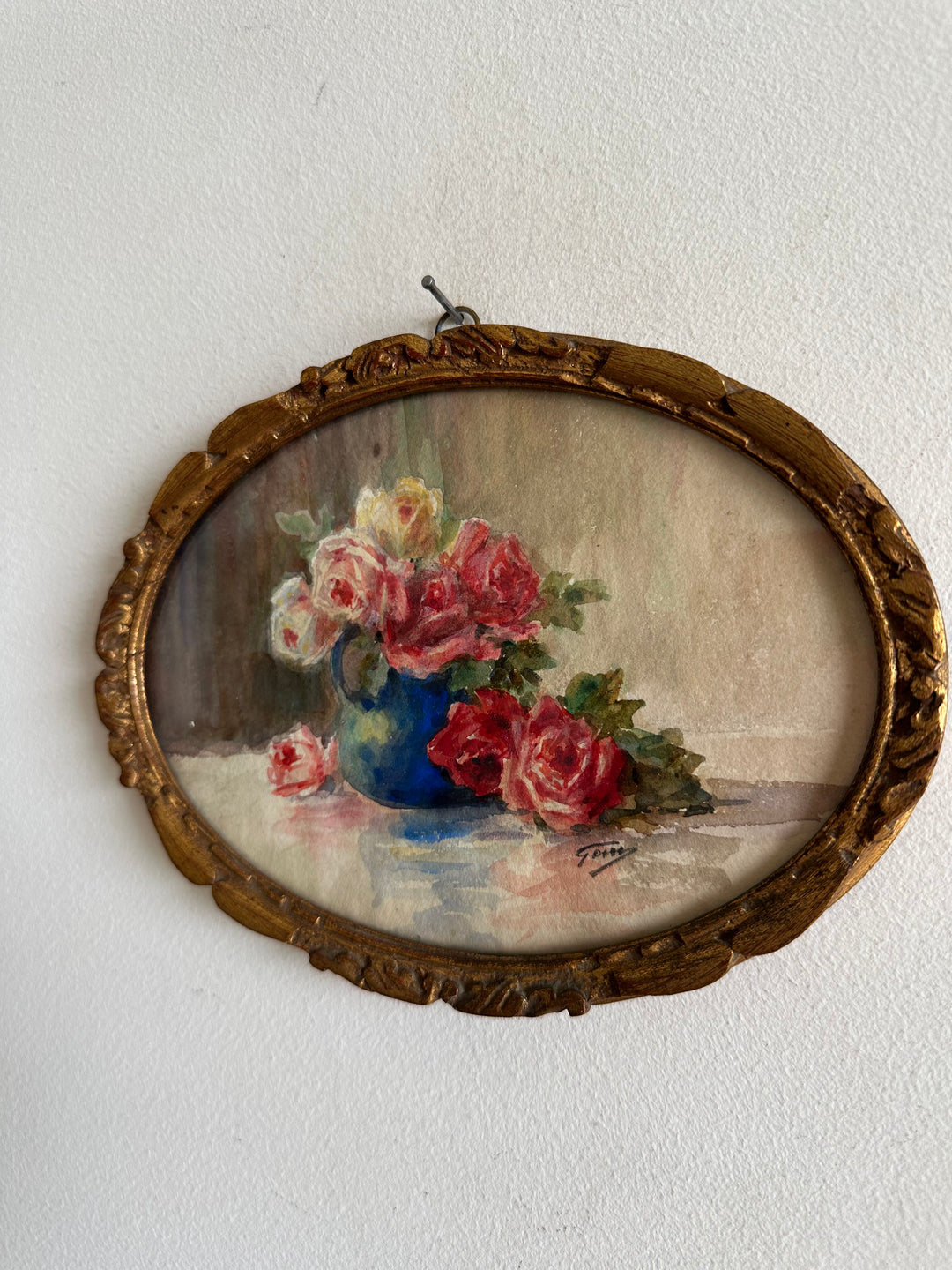 Peinture rose vase bleu 1900