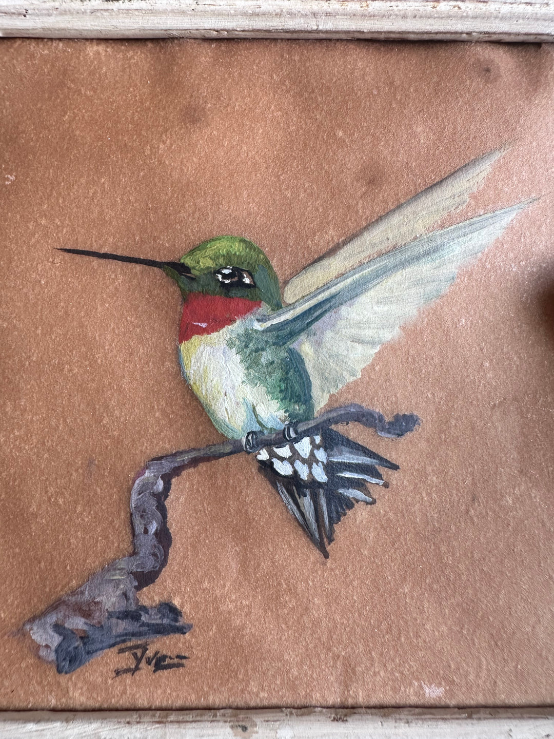 Colibri peint sur papier signé cadre en bois