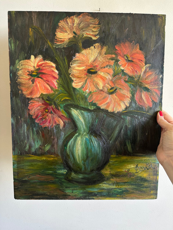 Peinture XL fleurs orangées dans vase vert signée 1922