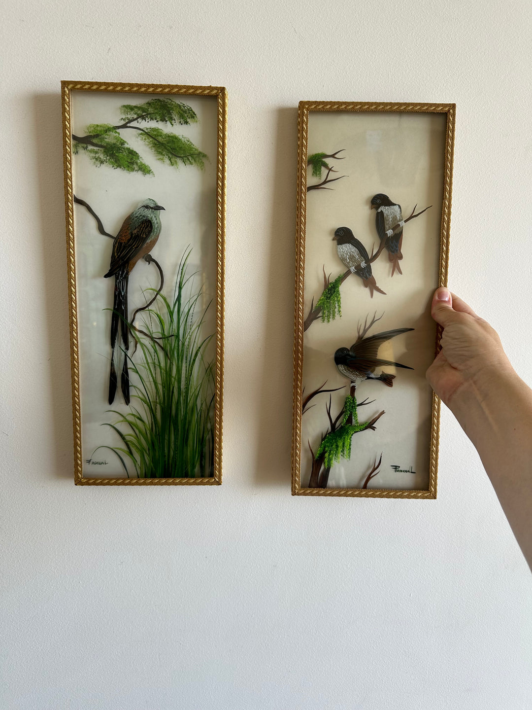 Peinture sur planche de verre oiseaux sur leurs branches