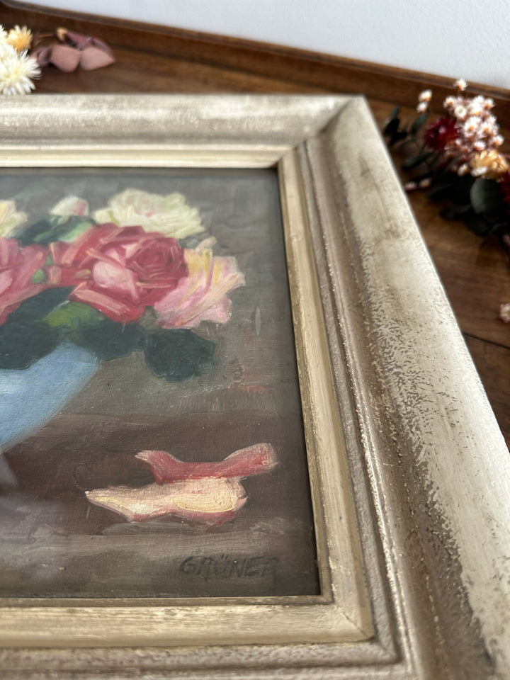 Peinture sur toile signée Gruner bouquet de roses jaunes et rouges