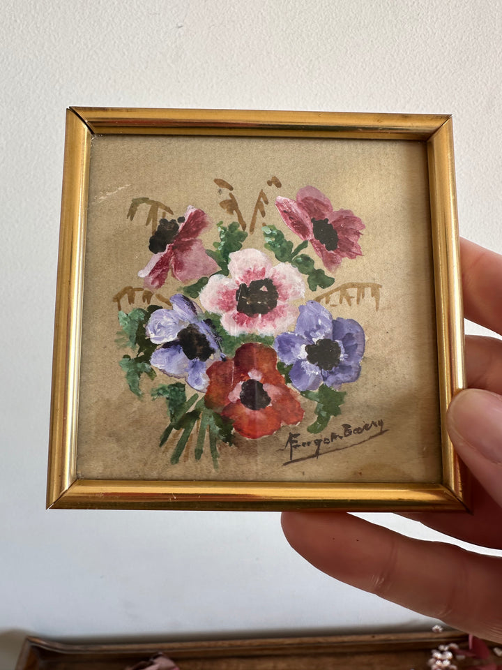 Peinture florale mini dans son cadre en bois carré