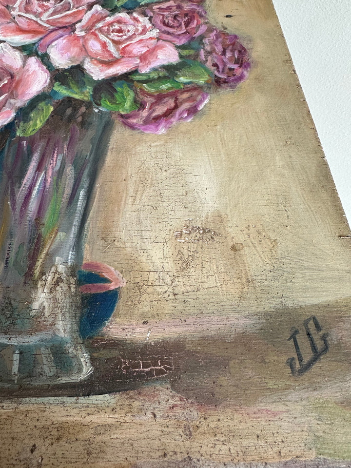 Peinture bouquet de fleurs roses et violettes années 40