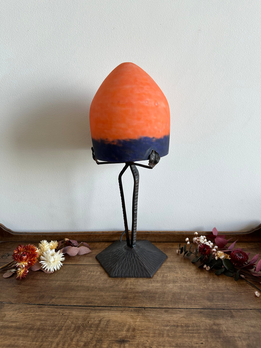 Lampe champignon en verre fumé orangé années 50