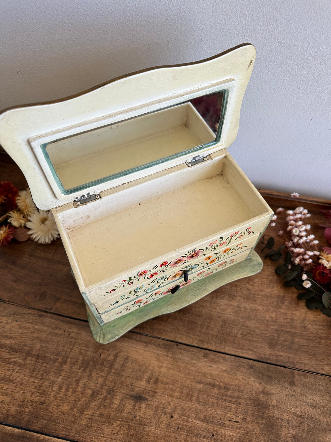 Coffret avec miroir en bois deux tiroirs motifs fleurs