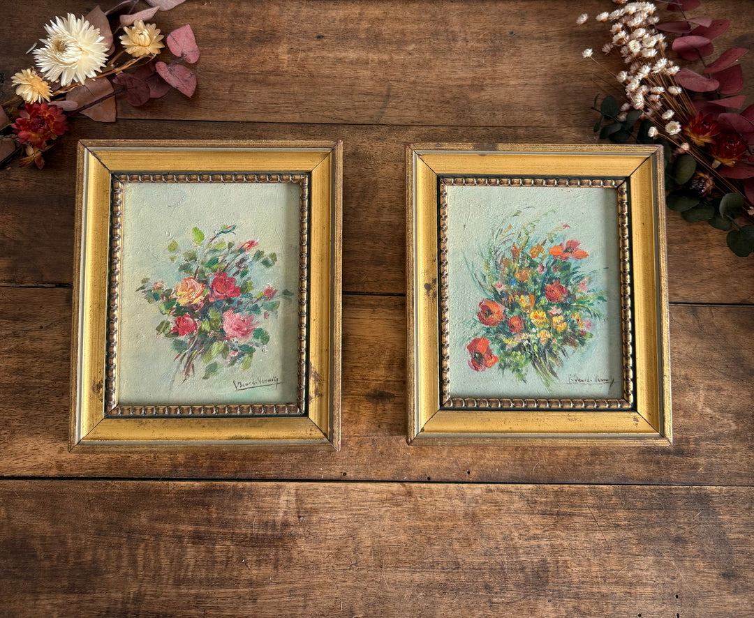 Peintures à l’huile bouquets de fleurs encadrement en bois