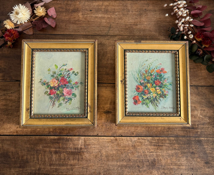 Peintures à l’huile bouquets de fleurs encadrement en bois