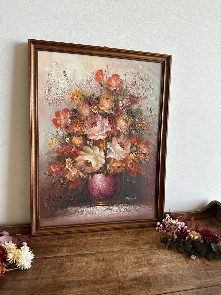 Peinture encadrée signée Frederick bouquet de fleurs mauves et roses