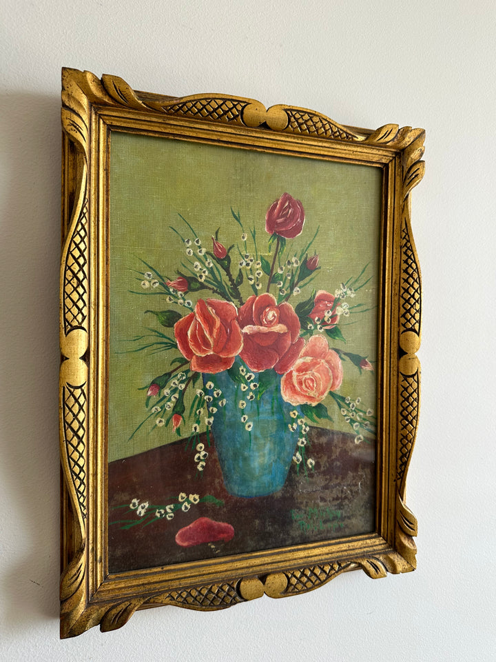 Peinture signée encadrée roses et muguet fond vert