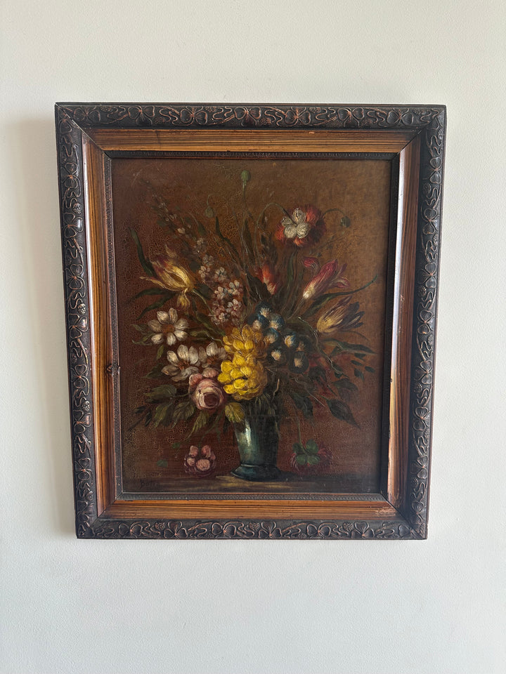 Peinture sur toile bouquet de fleurs encadrée signée années 1900 taille XL