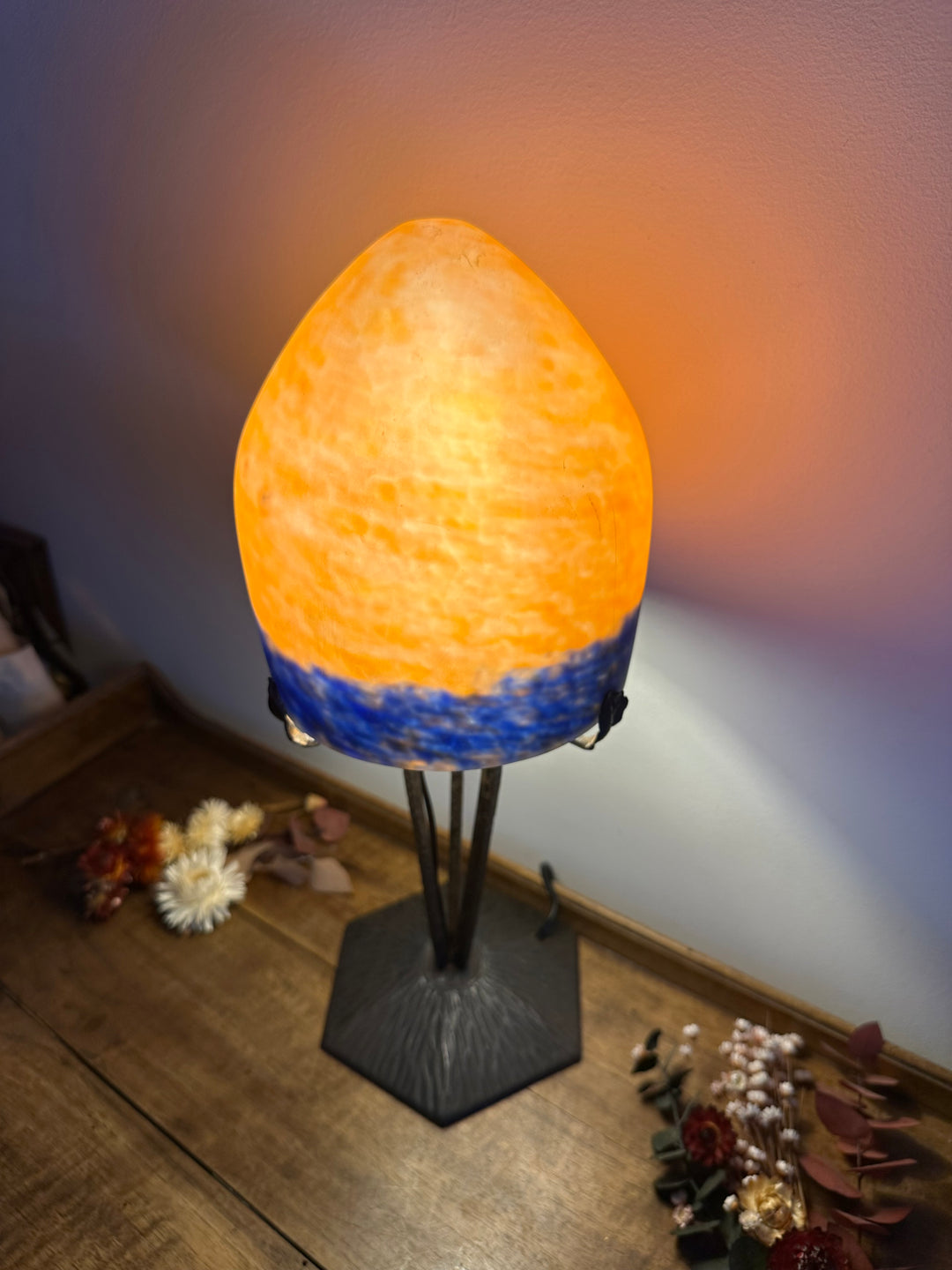 Lampe champignon en verre fumé orangé années 50