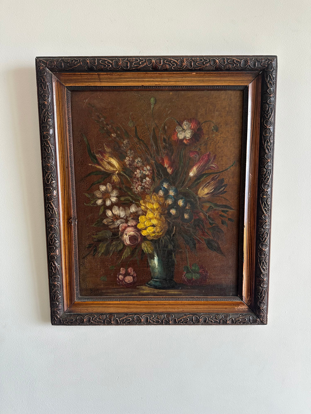 Peinture sur toile bouquet de fleurs encadrée signée années 1900 taille XL