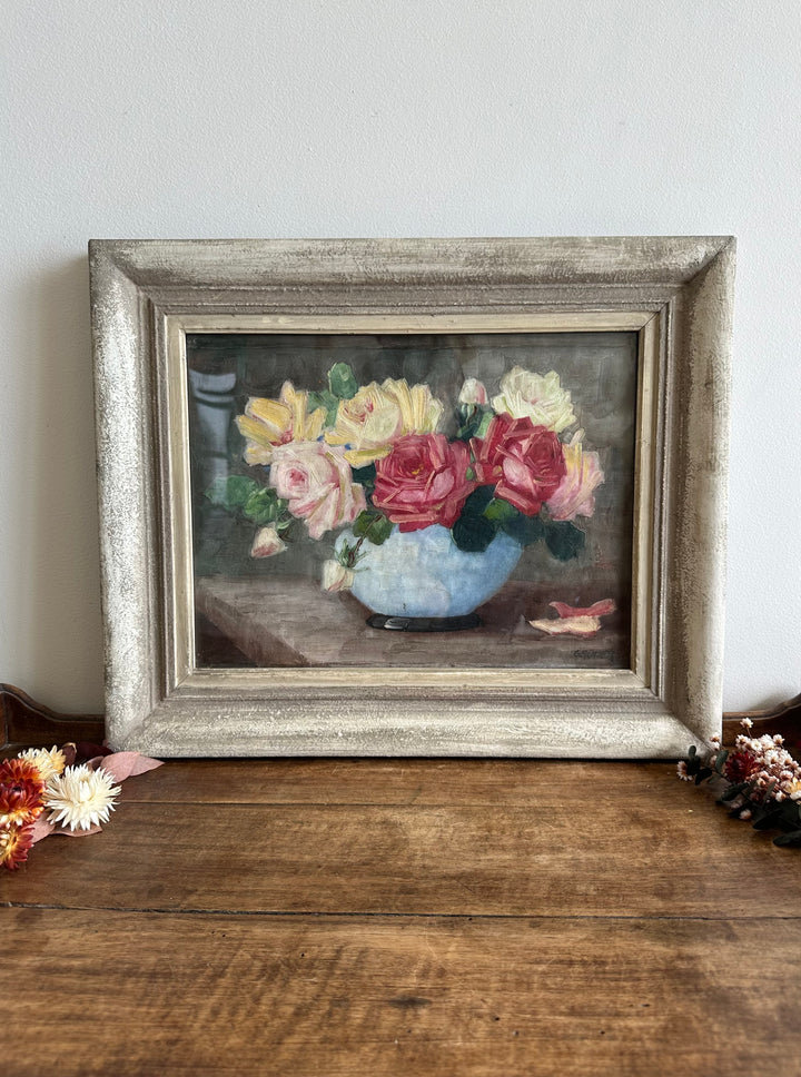 Peinture sur toile signée Gruner bouquet de roses jaunes et rouges