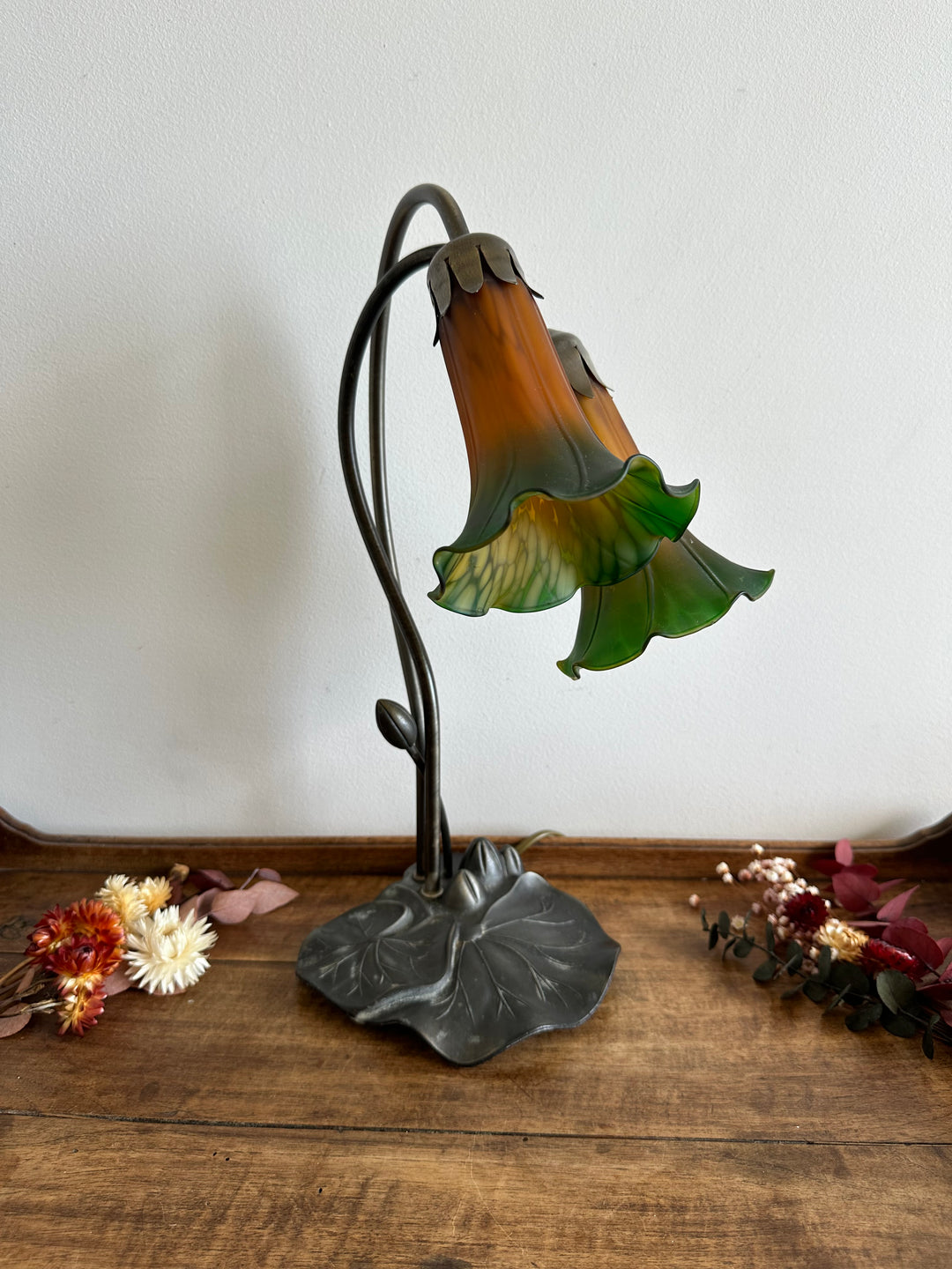 Lampe de chevet à deux têtes verre fumé vert et orange