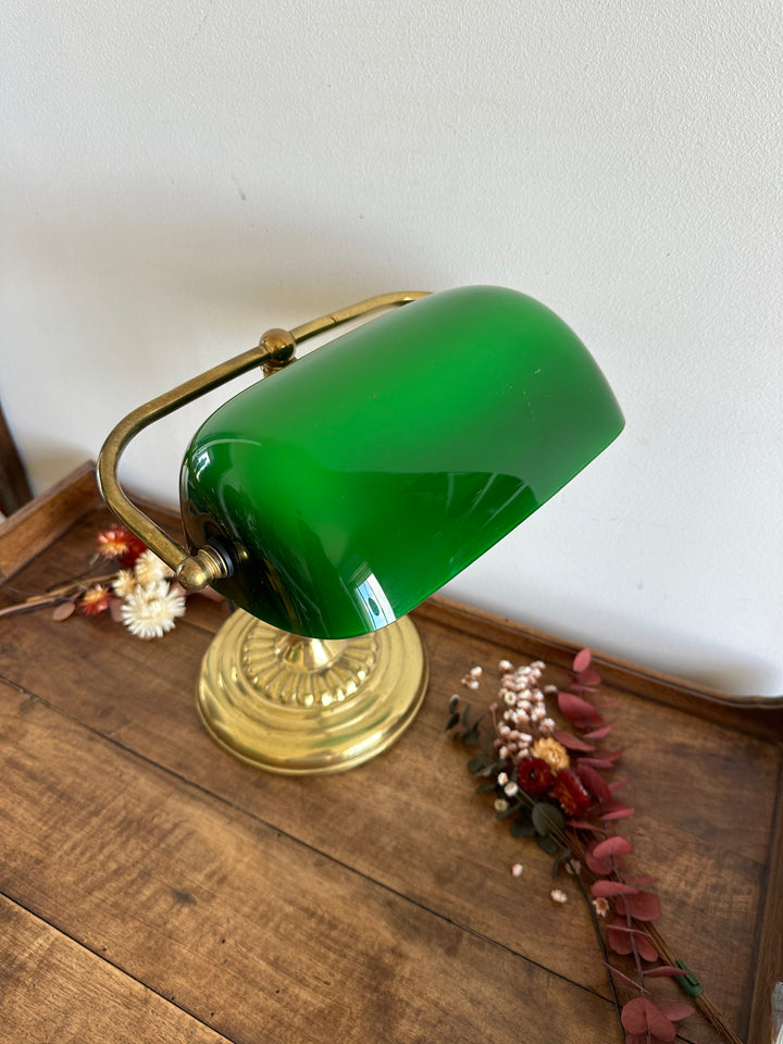 Lampe de notaire métal doré opaline verte