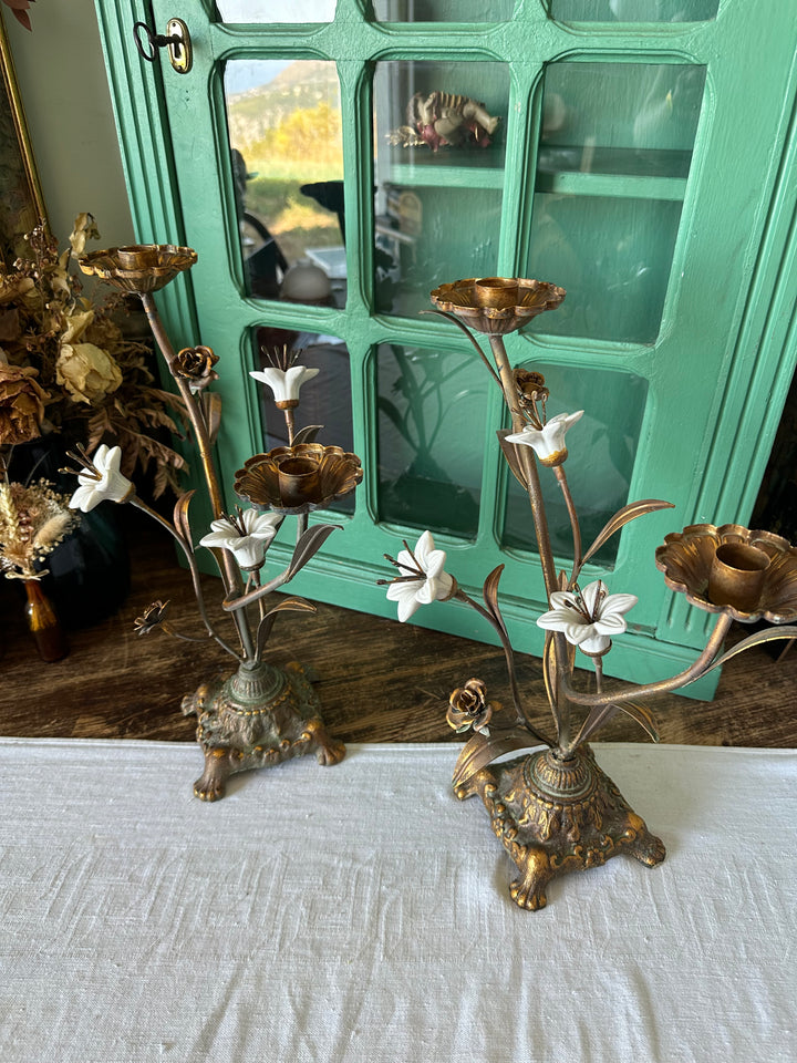 Chandeliers à deux têtes en bronze et porcelaine