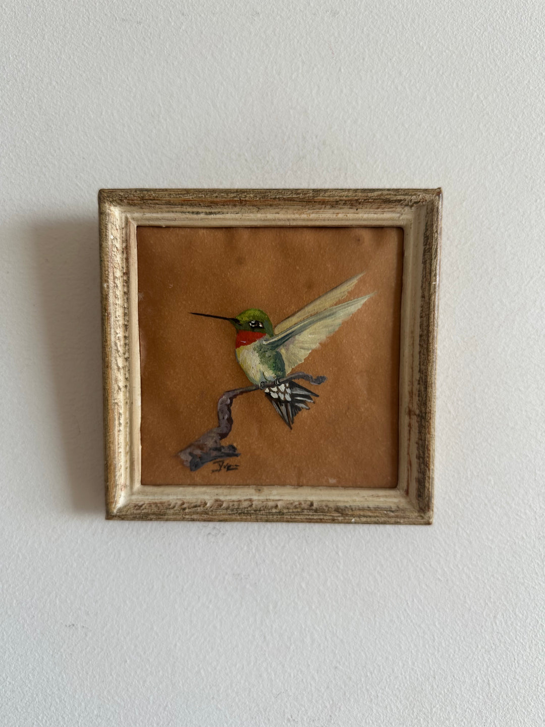 Colibri peint sur papier signé cadre en bois