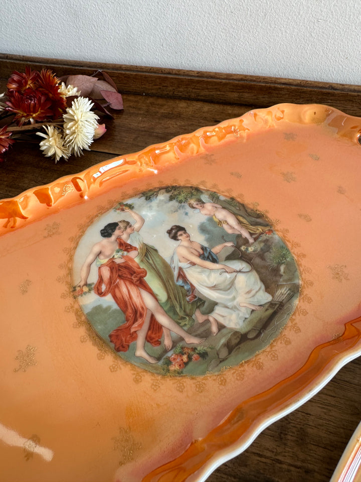 Plats de service en porcelaine de Tchécoslovaquie orange irisé