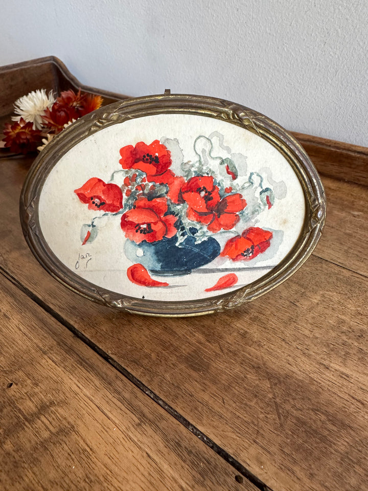 Aquarelle coquelicot signée dans cadre ovale en bronze 19ème