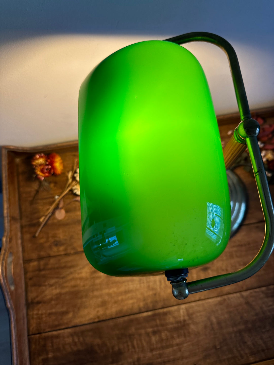 Lampe de notaire métal doré opaline verte