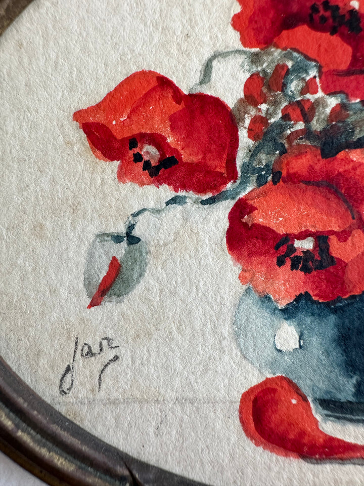 Aquarelle coquelicot signée dans cadre ovale en bronze 19ème