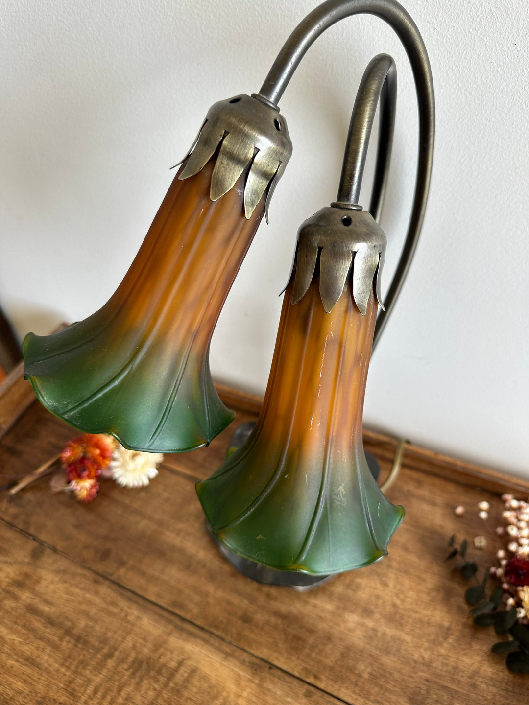 Lampe de chevet à deux têtes verre fumé vert et orange