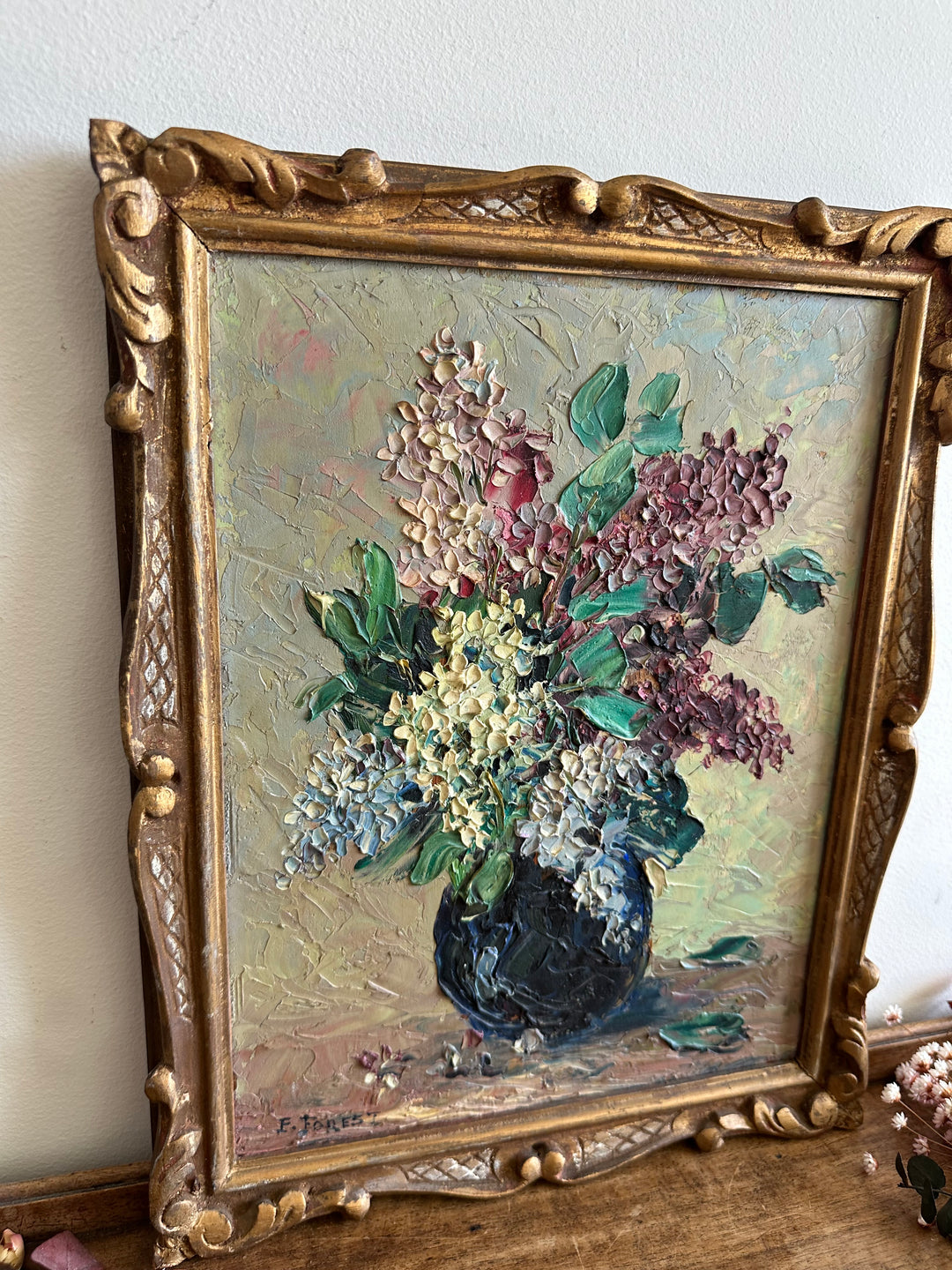 Peinture signée encadrée Lilas années 20