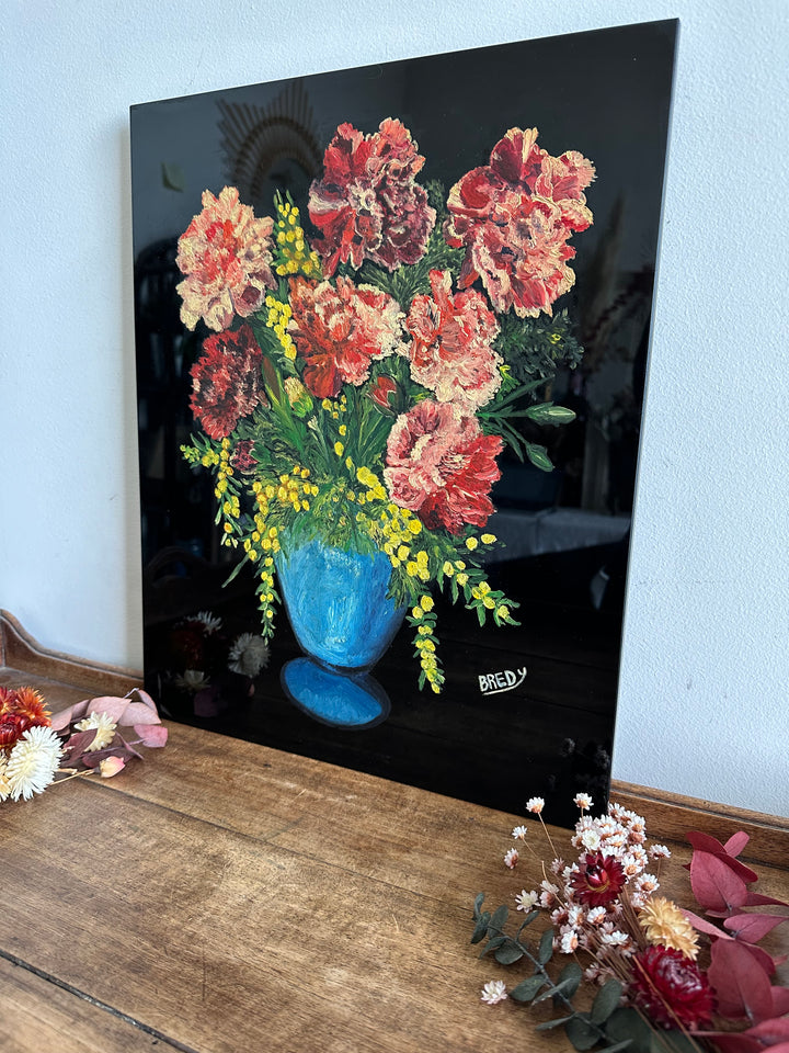 Peinture bouquet de fleurs signée sur plaque de céramique vitrée noire