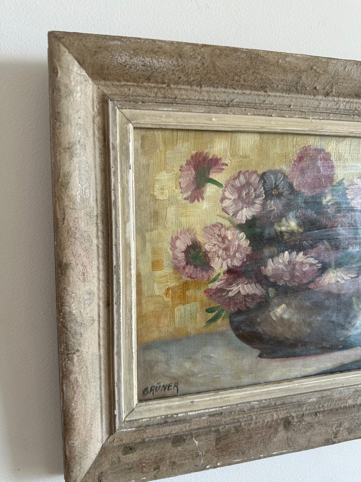 Peinture signée Gruner bouquet de fleurs mauves sur toile