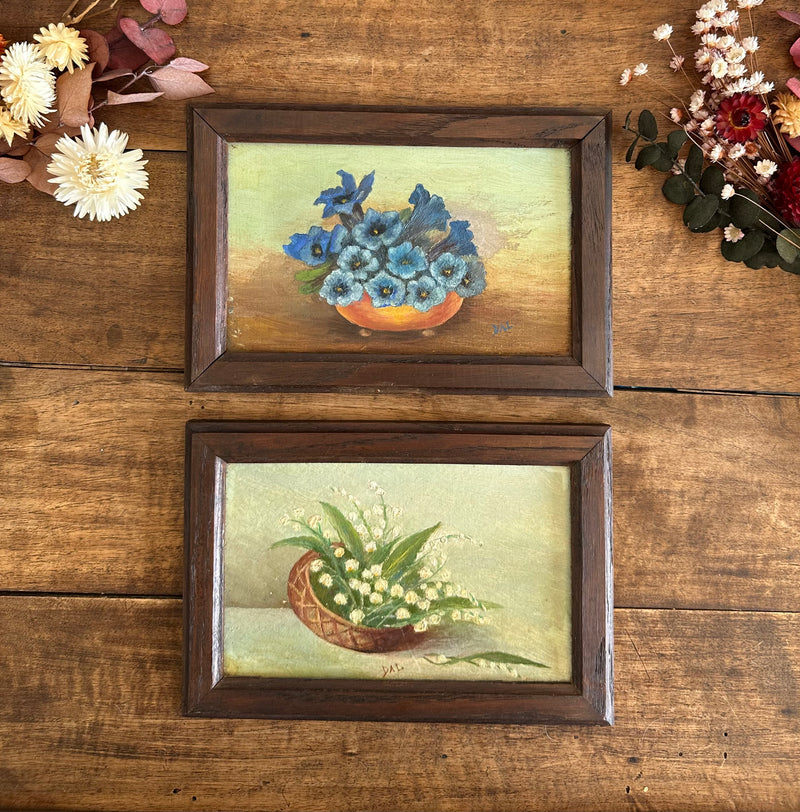 Peintures florales encadrement en bois foncé rectangulaire