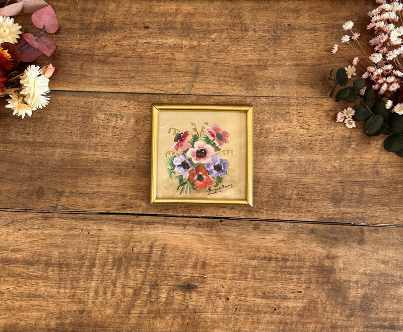 Peinture florale mini dans son cadre en bois carré