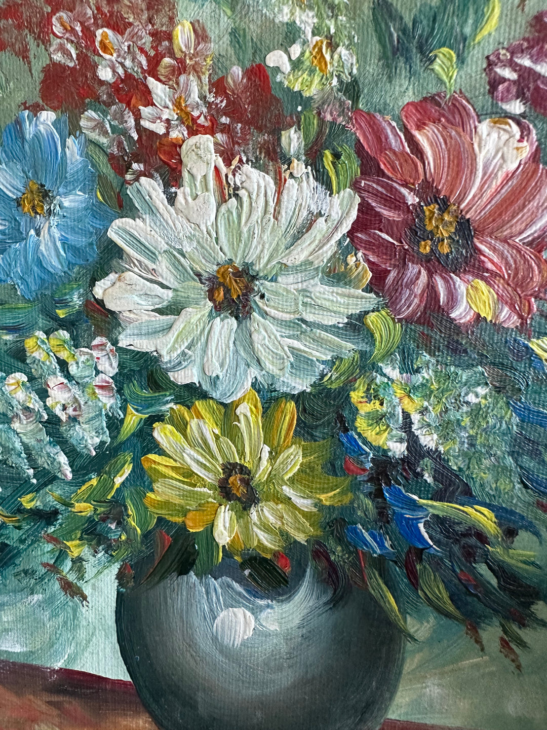 Peinture bouquet de fleurs sur toile avec fond bleu