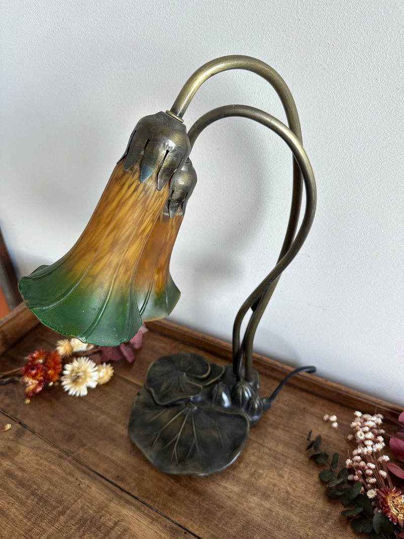 Lampe col de cygne double verte et orangée style Art Nouveau