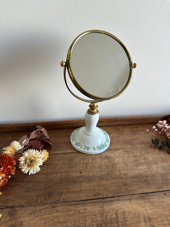 Miroir de table pied en porcelaine fleurie