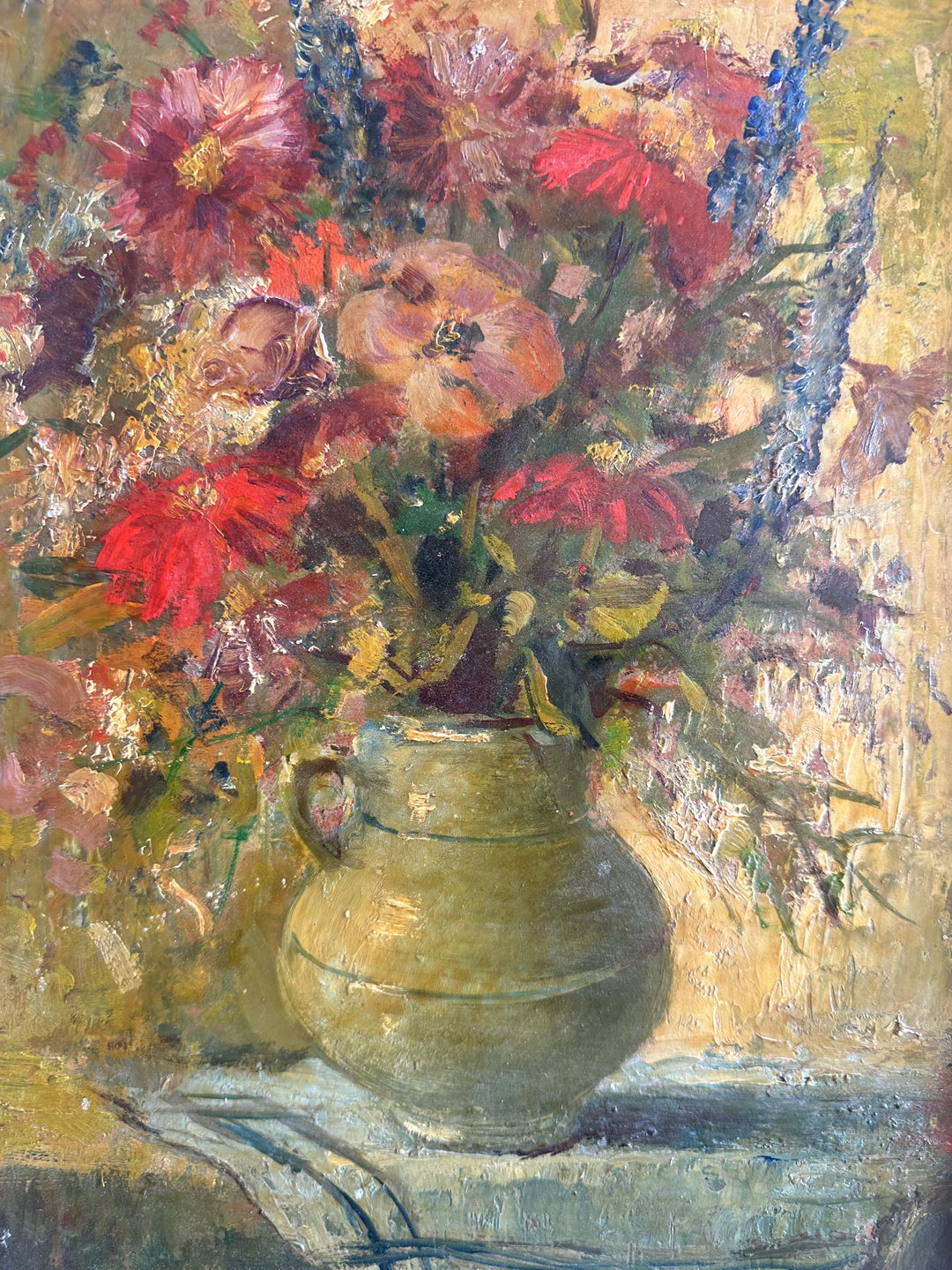 Peinture à l'huile signée Merlin bouquet de fleurs années 1940