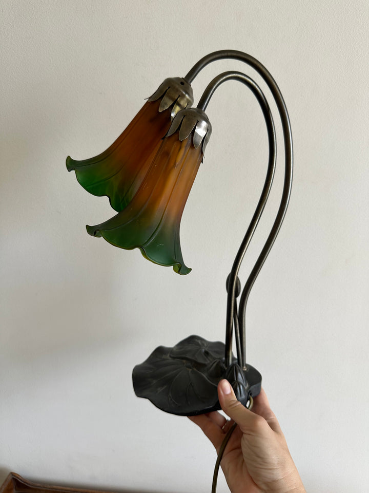 Lampe de chevet à deux têtes verre fumé vert et orange